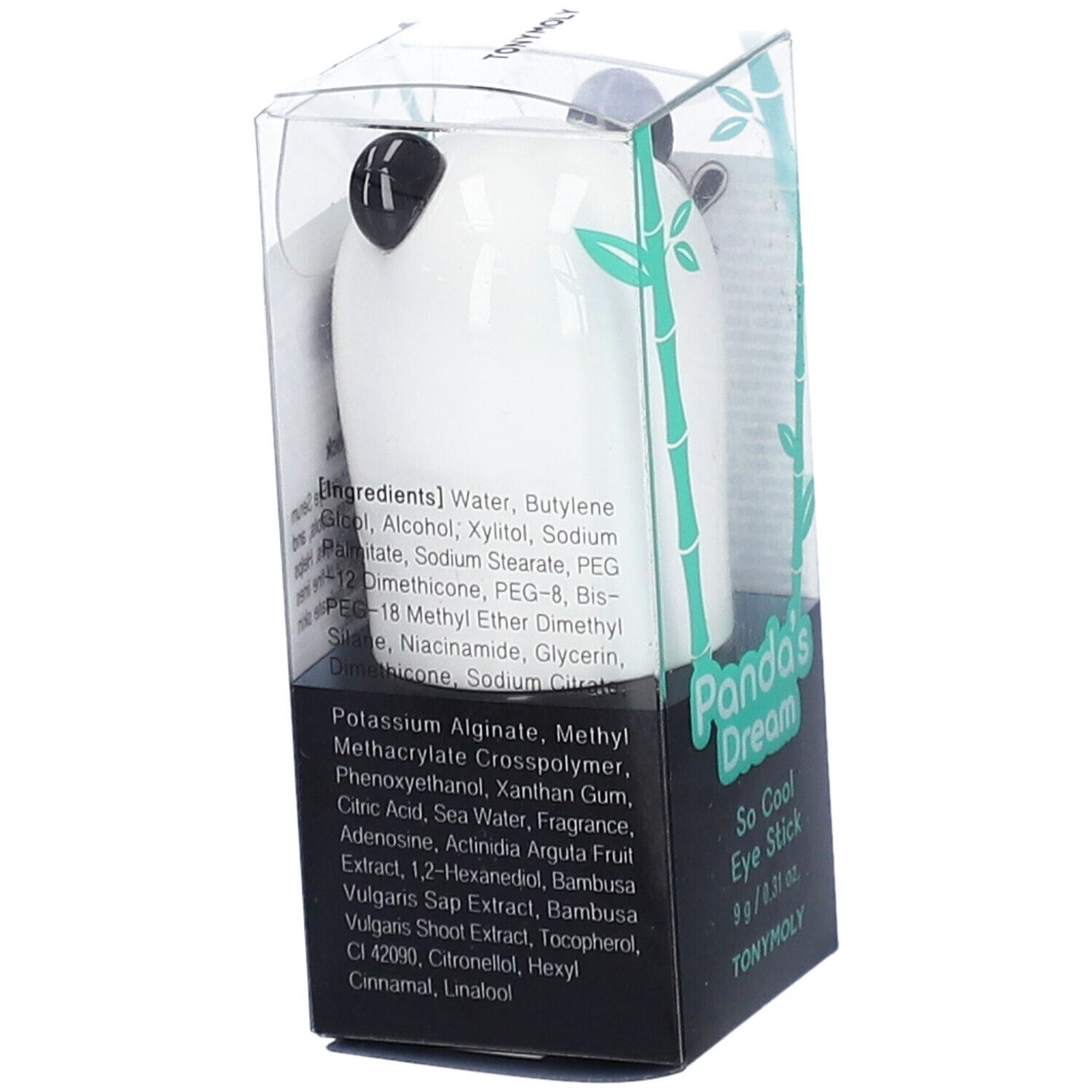 Stick de soin pour les yeux en forme de panda dans un emballage transparent. Ingrédients et nom de la marque visibles.