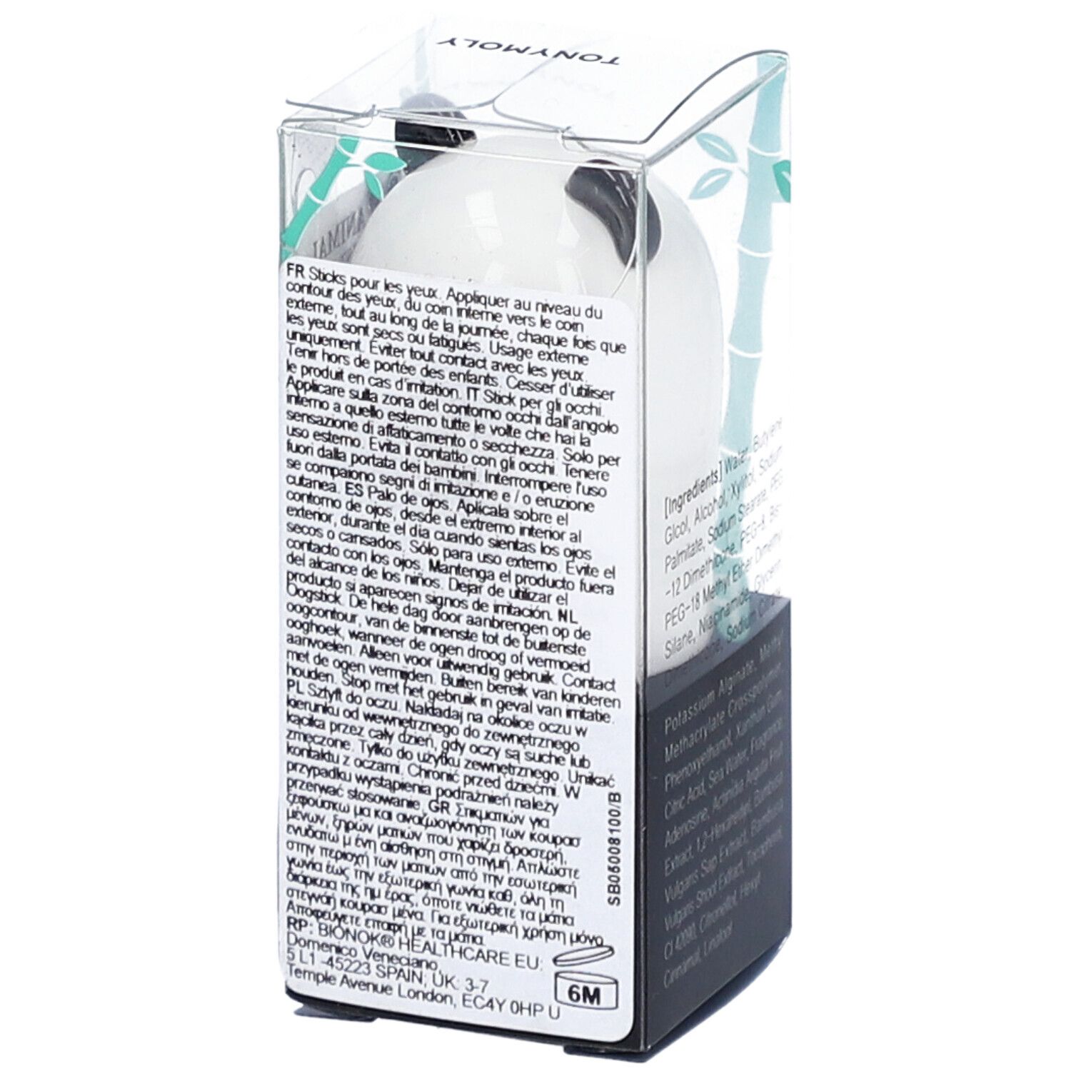 Stick de soin pour les yeux en forme de panda dans un emballage transparent. Texte sur l'emballage visible.