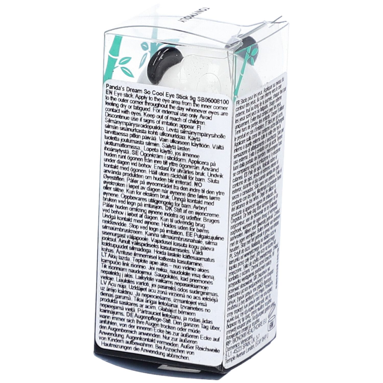 Stick de soin pour les yeux en forme de panda dans un emballage transparent. Texte sur l'emballage visible.
