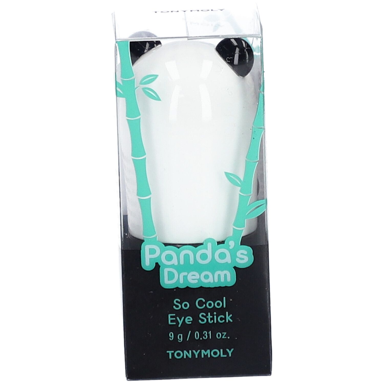 Stick de soin pour les yeux en forme de panda dans un emballage transparent. Nom du produit et marque visibles.