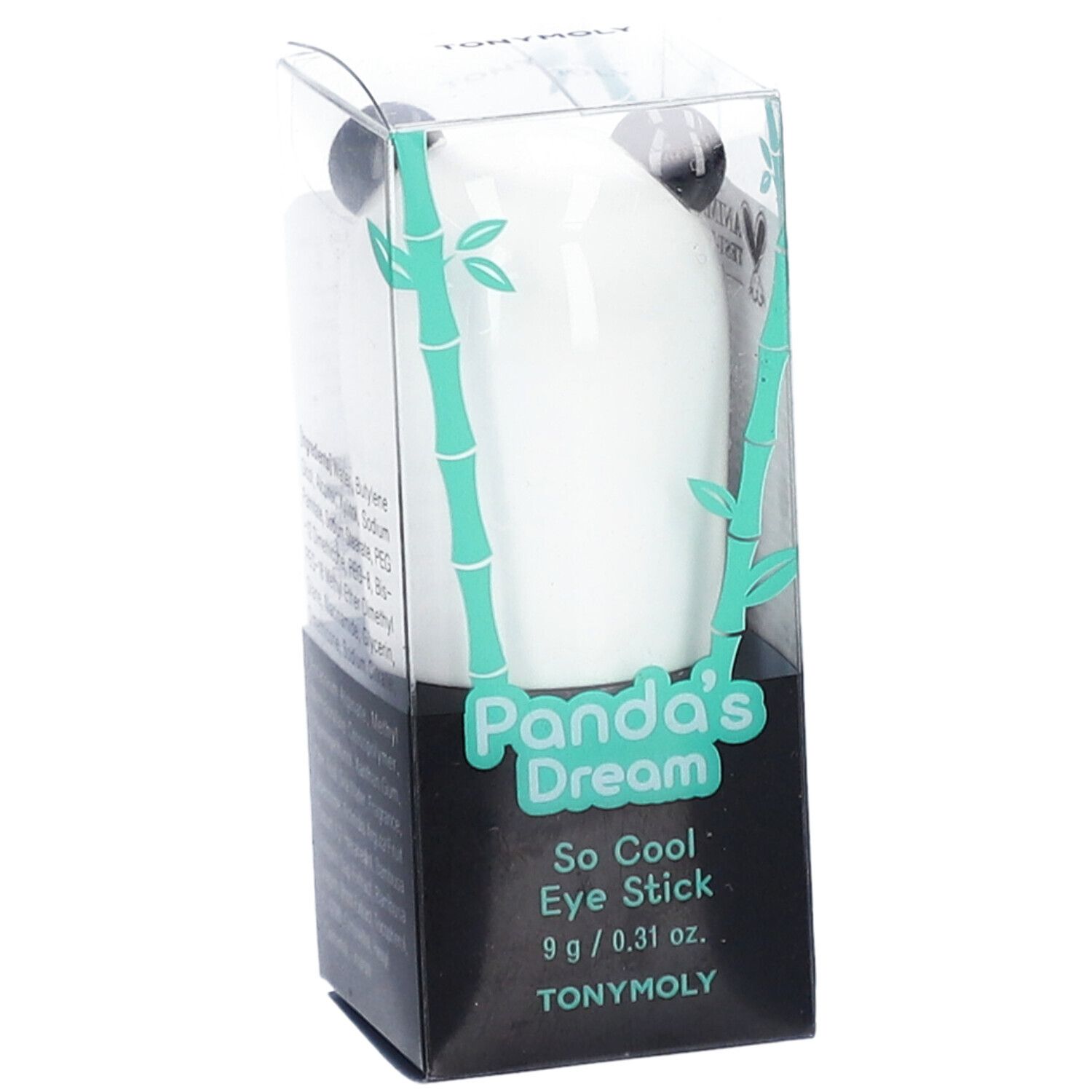 Stick de soin pour les yeux en forme de panda dans un emballage transparent. Nom du produit et marque visibles.