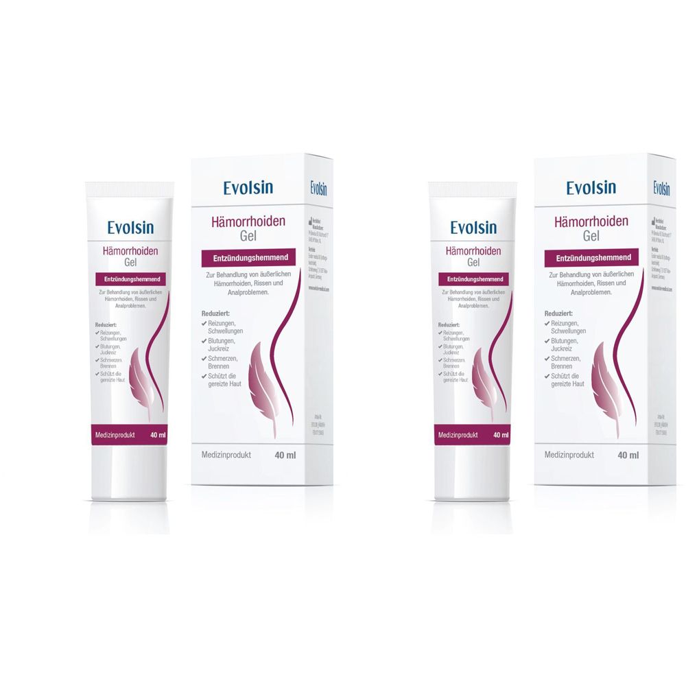 Deux tubes et deux boîtes de Evolsin® Hämorrhoiden Gel. Inscription : Hämorrhoiden Gel, 40 ml. Dispositif médical.