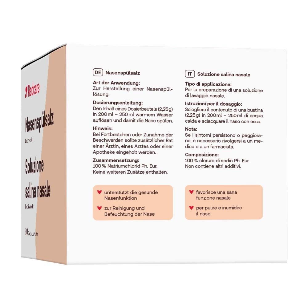 Arrière d'une boîte de Redcare Nasenspülsalz avec instructions et composition.