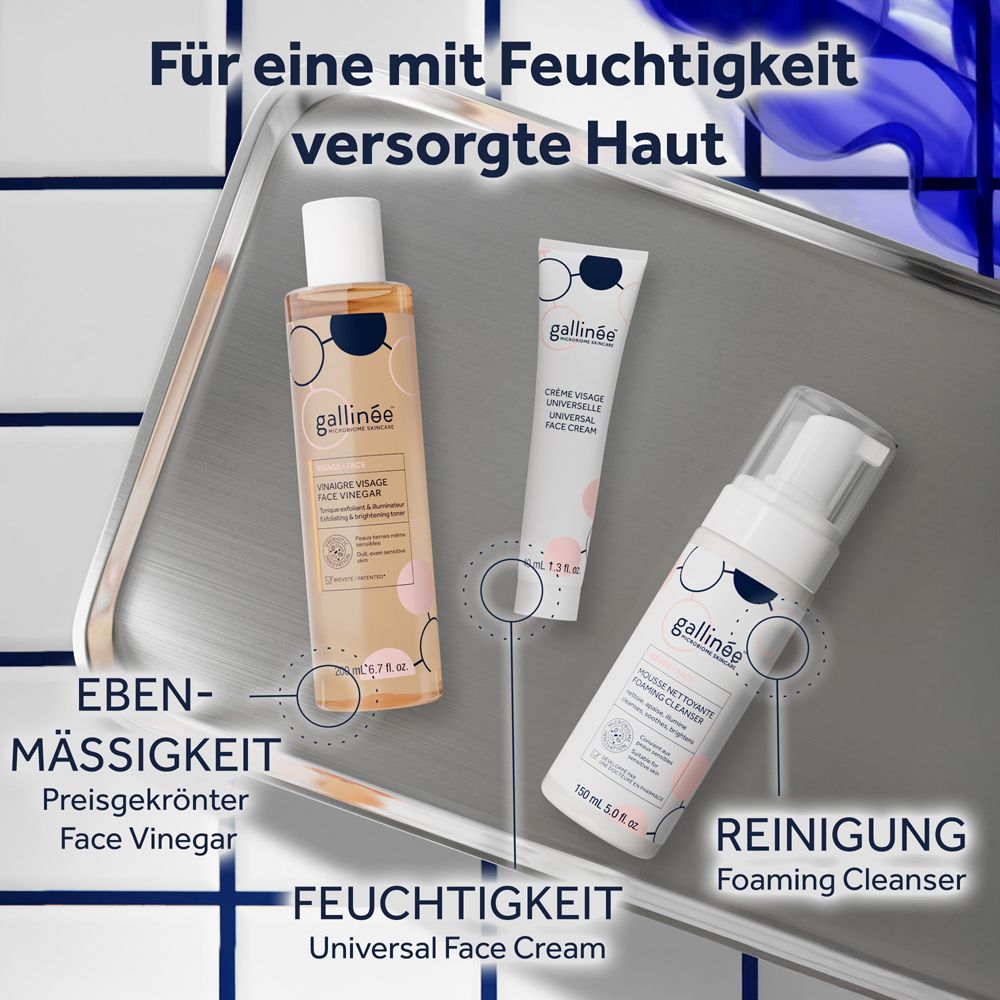 Trois produits de soin Gallinée : Face Vinegar, Universal Face Cream et Foaming Cleanser.
