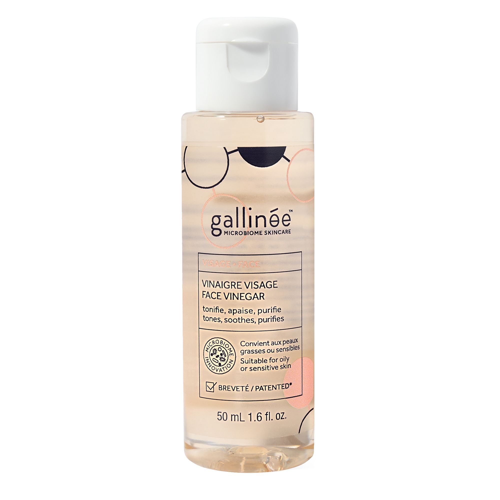 Flacon de Gallinée Face Vinegar. Bouchon blanc, liquide transparent. Texte: Face Vinegar, 50 ml.