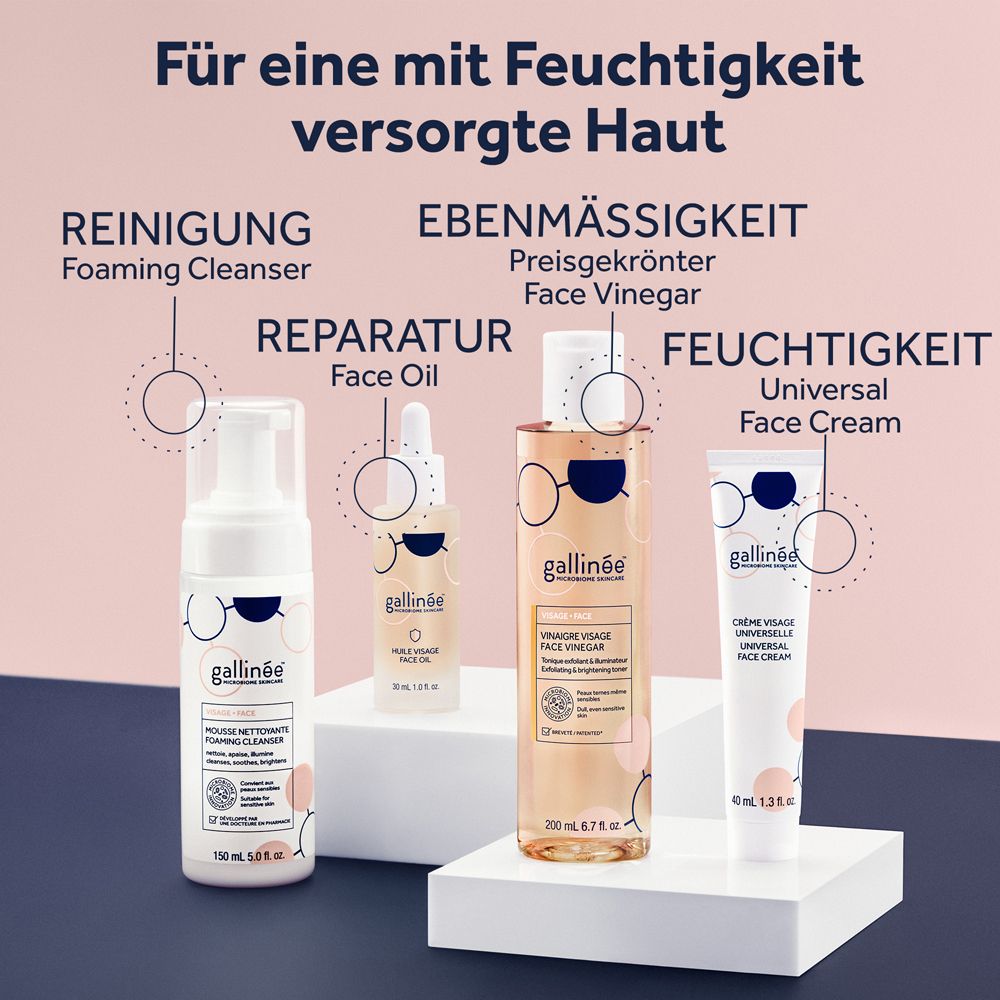 Quatre produits cosmétiques Gallinée : nettoyant moussant, huile pour le visage, vinaigre pour le visage et crème universelle.