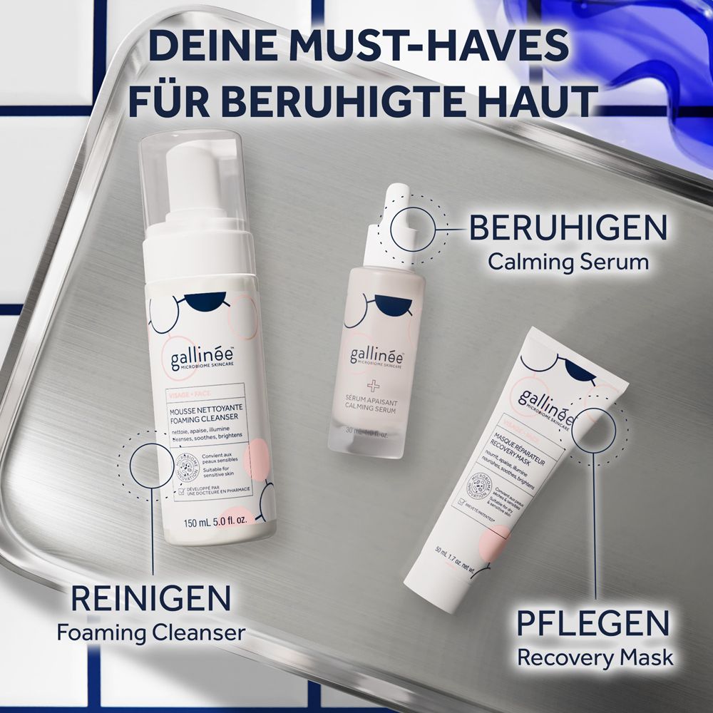 Mousse nettoyante, sérum apaisant et masque Gallinée.