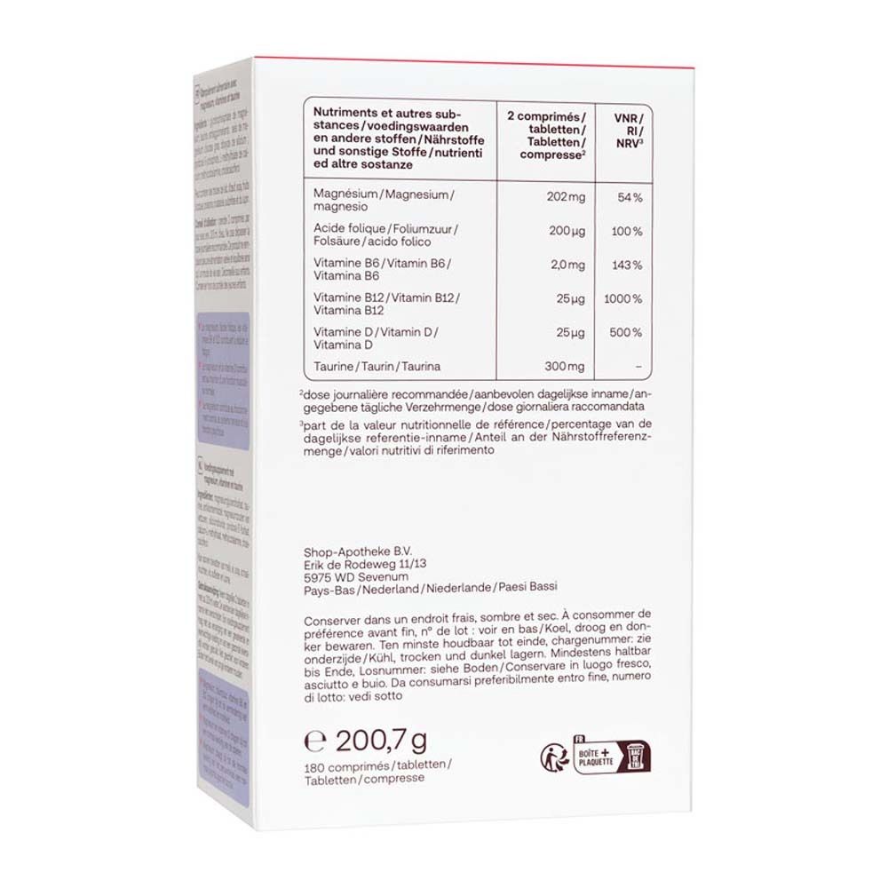 Vue latérale de la boîte de Redcare Vita MagneB Complex. Contient des informations sur les ingrédients et le dosage.