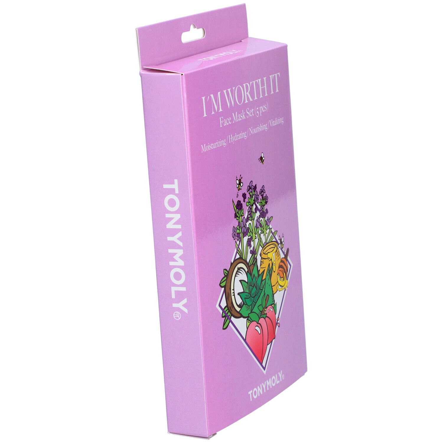 Vue latérale de la boîte du TONYMOLY I'm Worth It Face Mask Set. Carton violet avec nom du produit et marque TONYMOLY.