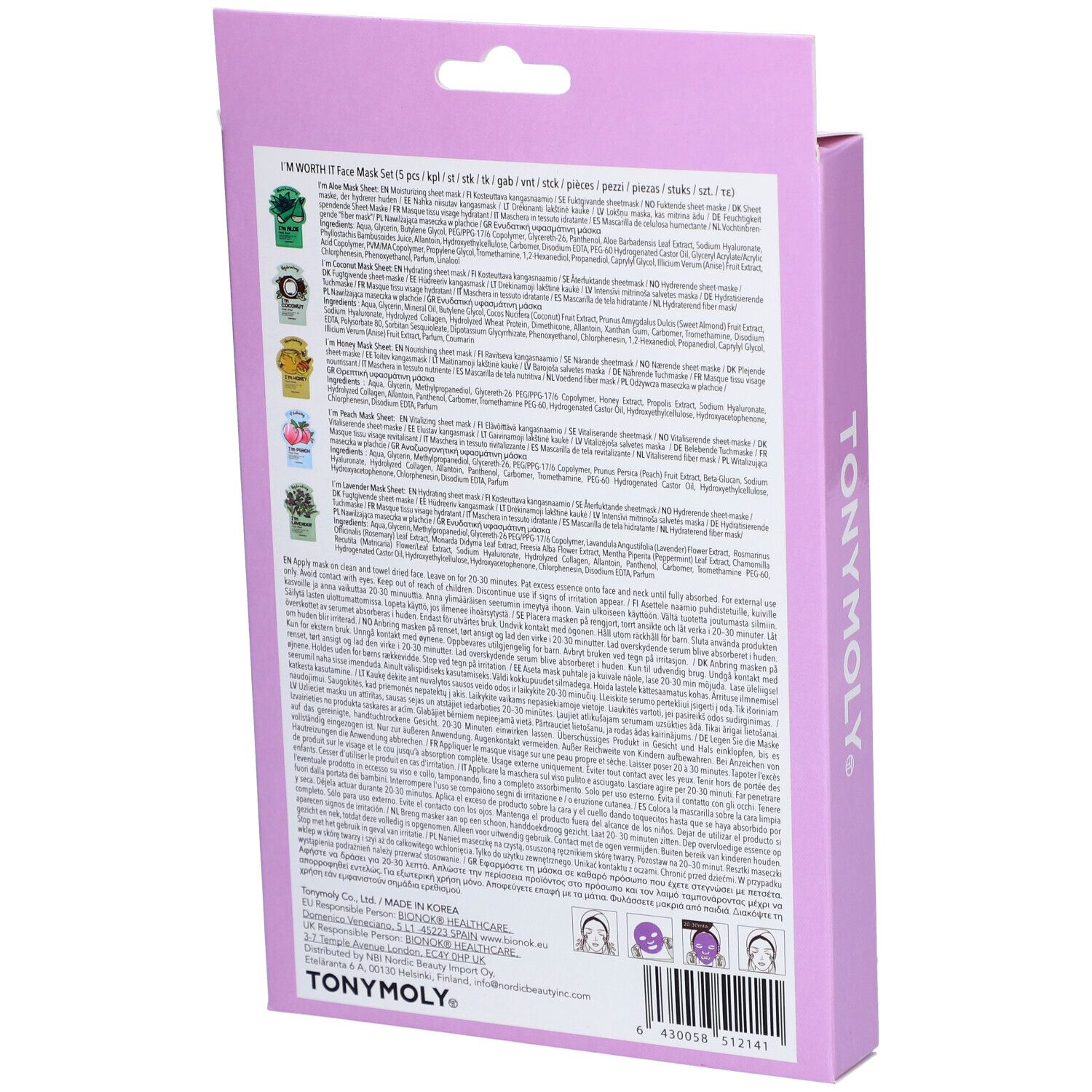 Dos de la boîte du TONYMOLY I'm Worth It Face Mask Set. Informations textuelles sur le produit et marque TONYMOLY.