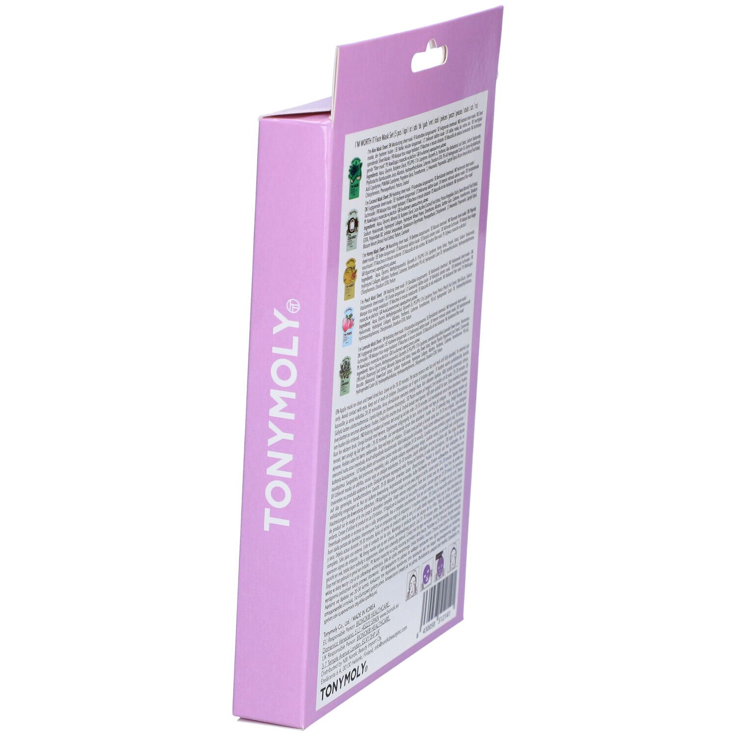 Vue latérale de la boîte du TONYMOLY I'm Worth It Face Mask Set. Informations textuelles sur le produit et marque TONYMOLY.