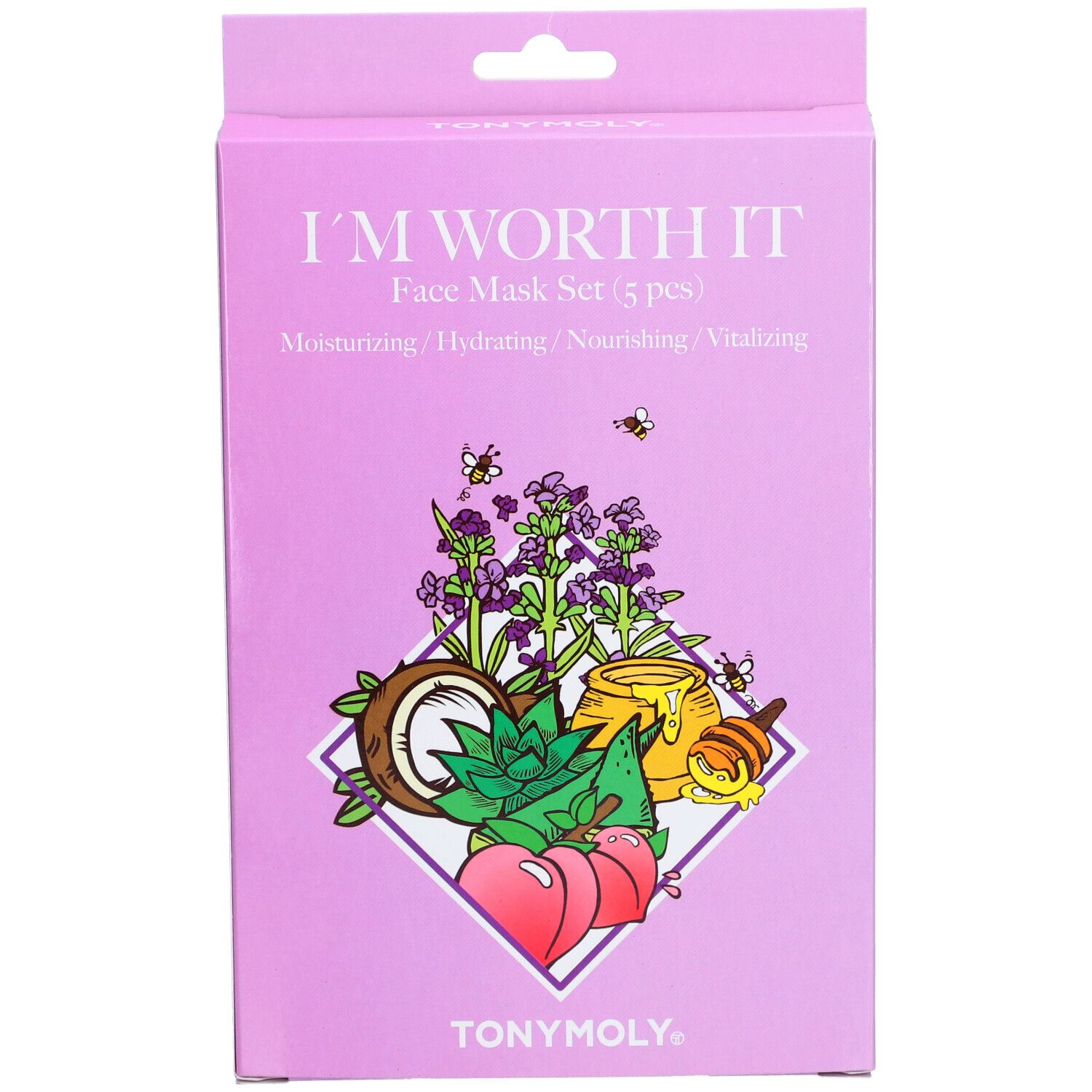 Vue de face de la boîte du TONYMOLY I'm Worth It Face Mask Set. Carton violet avec nom du produit et illustrations. Marque TONYMOLY.