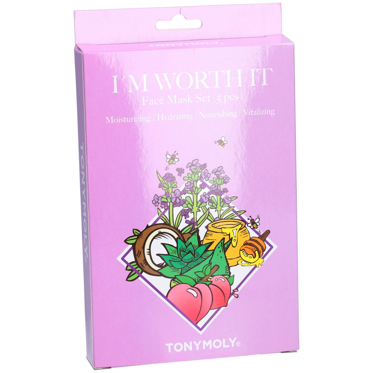Vue de face de la boîte du TONYMOLY I'm Worth It Face Mask Set. Carton violet avec nom du produit et illustrations. Marque TONYMOLY.