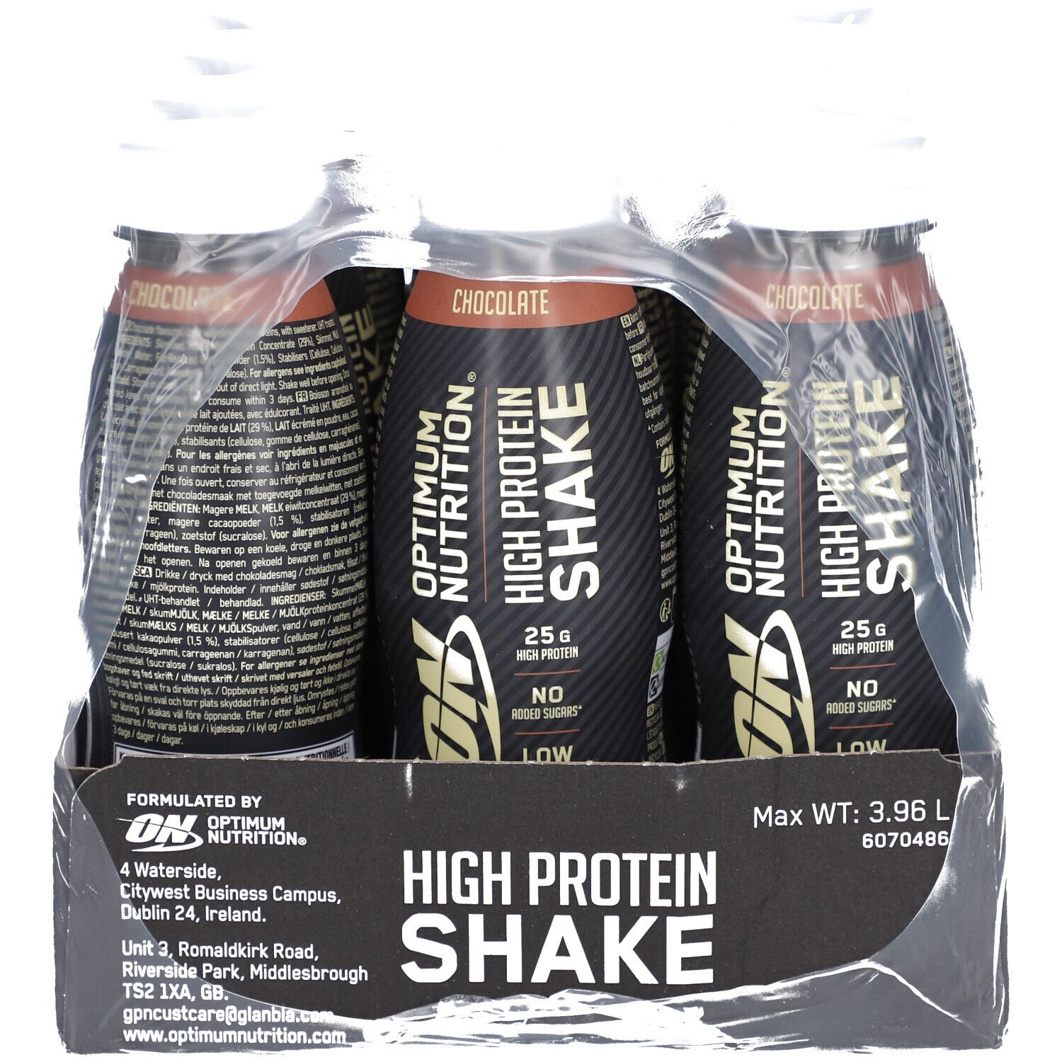 Emballage de trois bouteilles. Inscription: Optimum Nutrition High Protein Shake, Chocolat. Contient 25g de protéines. Sans sucres ajoutés.