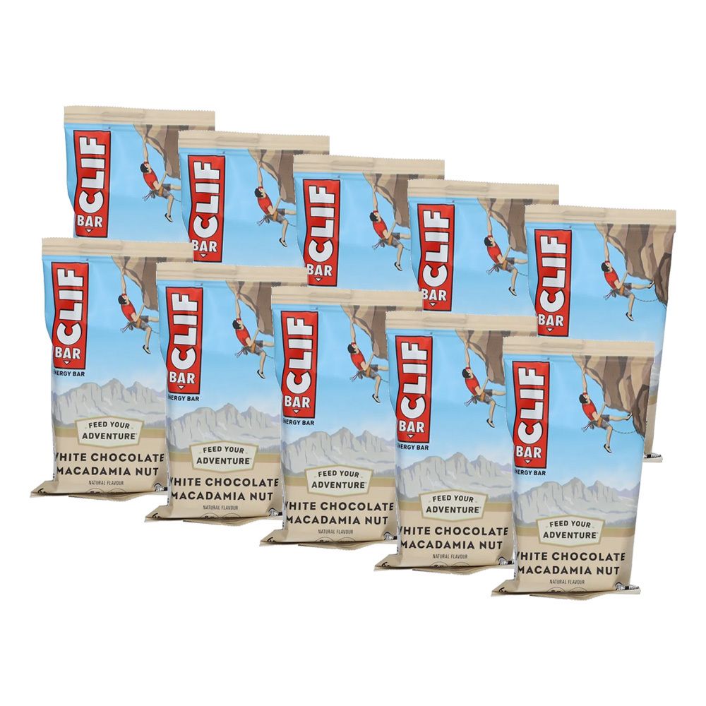 Plusieurs paquets de CLIF BAR. Chaque paquet montre un grimpeur. Inscription: Chocolat blanc et noix de macadamia.