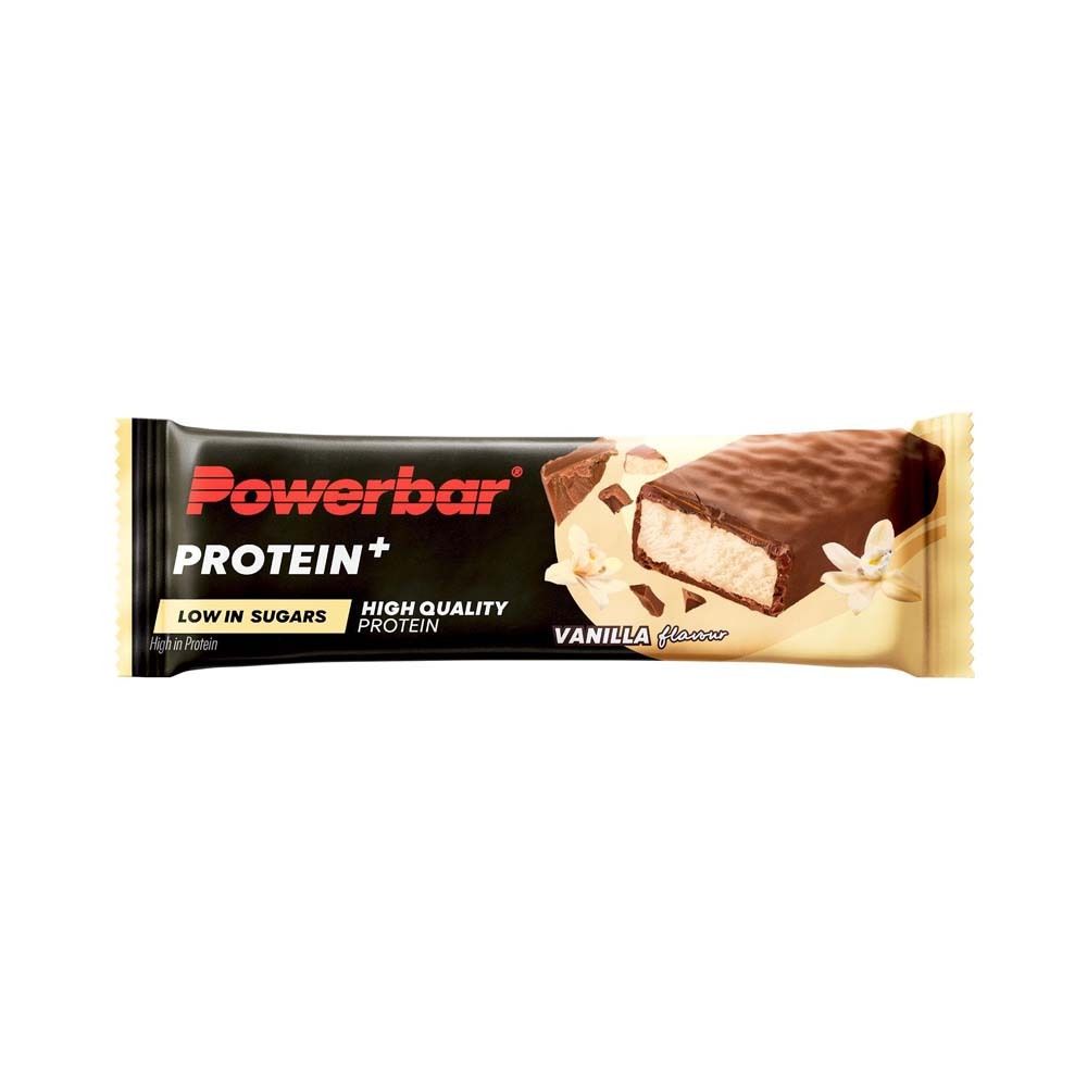 Barre POWERBAR® Protein+ saveur vanille. Emballage noir et doré. Barre avec enrobage chocolat et garniture crémeuse.