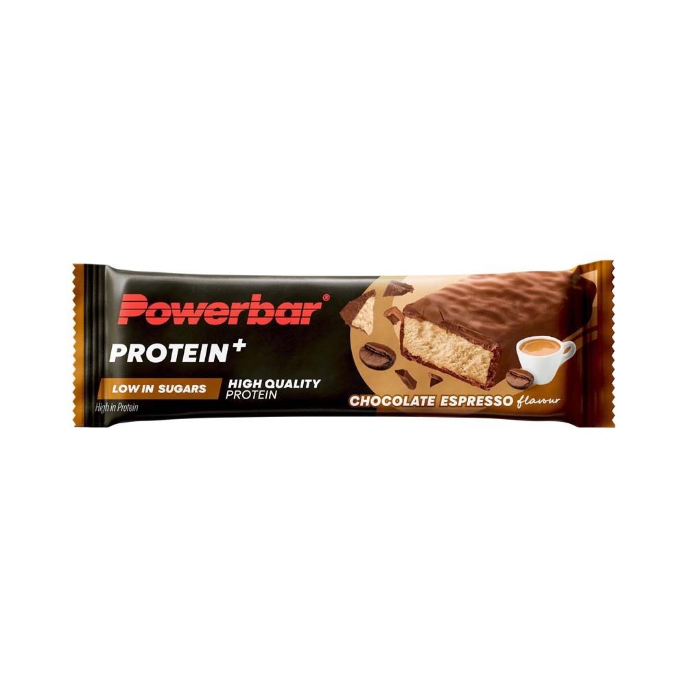 Barre Powerbar Protein+ Low Sugar Chocolate Espresso. Emballage noir avec image et logo. Contient des protéines.