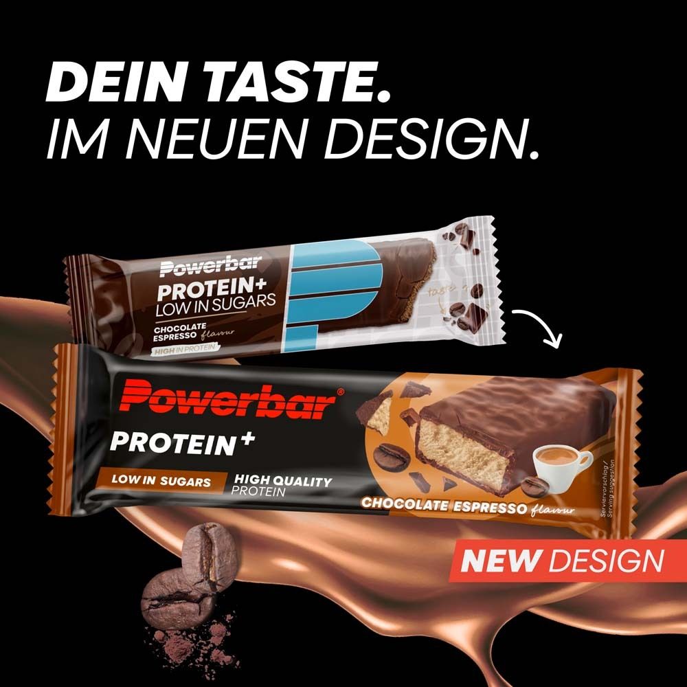 Deux barres Powerbar Protein+. Emballage noir avec logo et image. Texte: "NOUVEAU DESIGN".