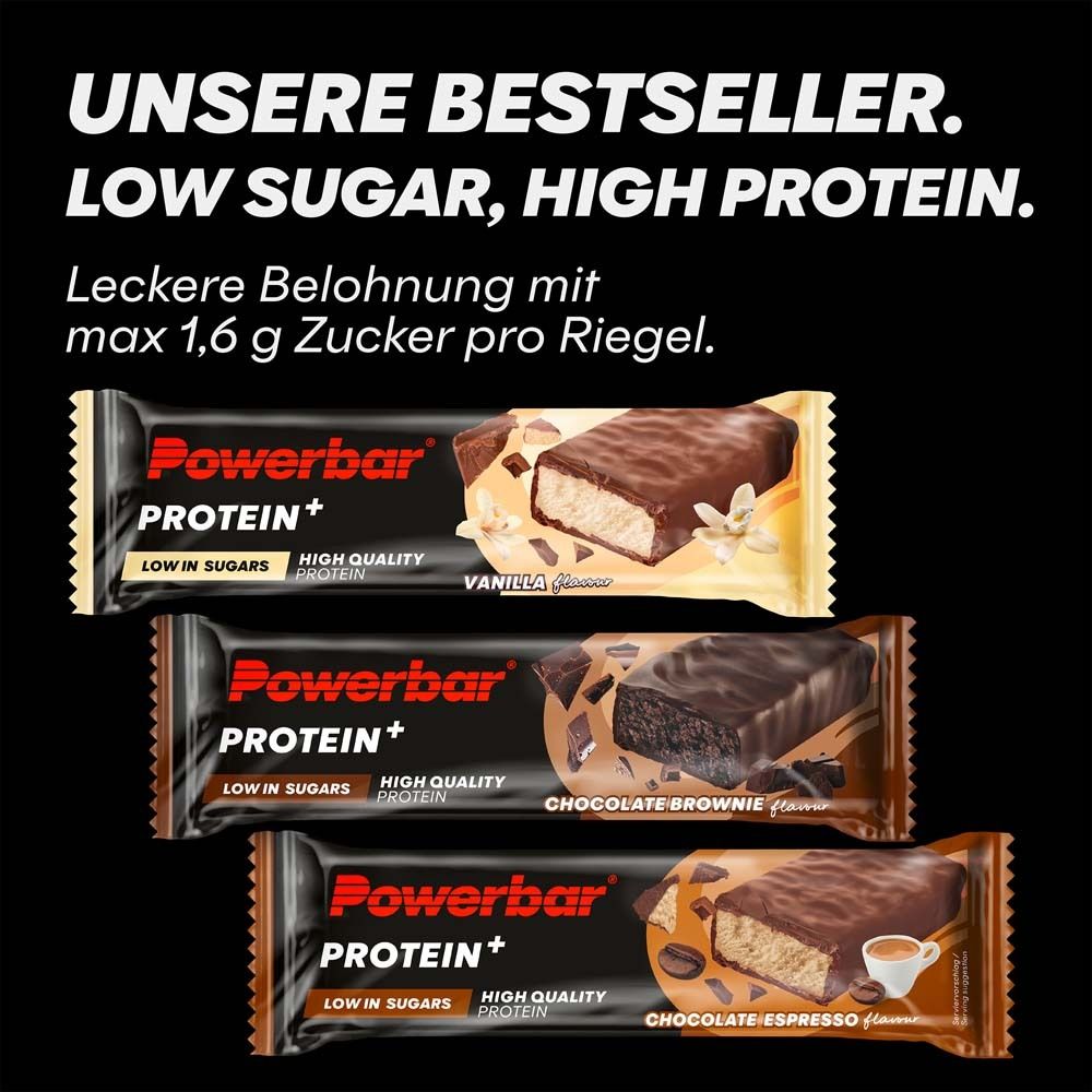 Trois barres Powerbar Protein+. Différentes saveurs: Vanille, Chocolate Brownie, Chocolate Espresso. Low Sugar, High Protein.