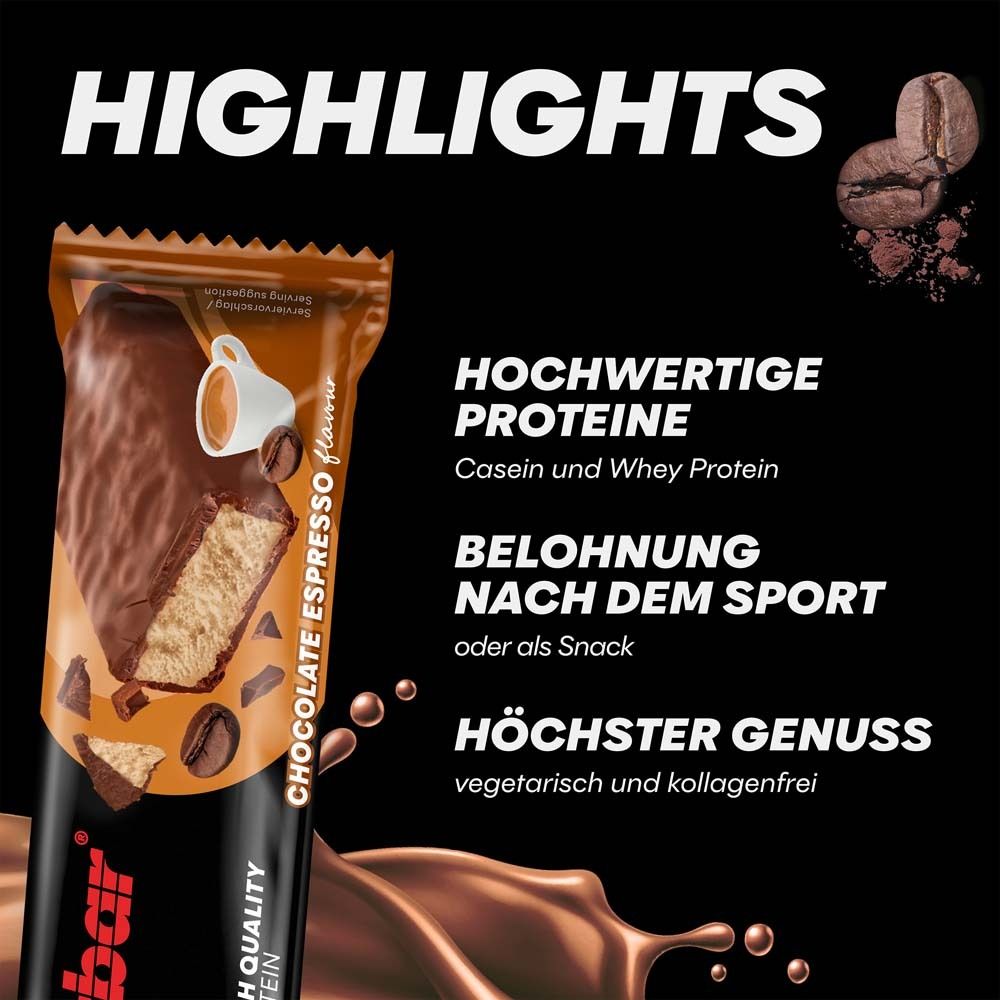 Détail d'une barre Powerbar Protein+. Texte: Protéines de haute qualité, Récompense après le sport, Plaisir maximal.