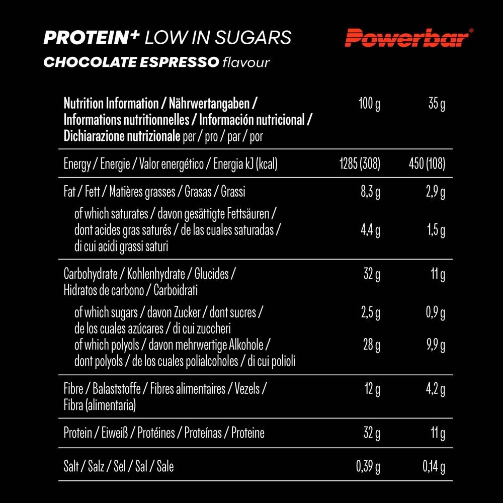 Tableau nutritionnel pour Powerbar Protein+ Chocolate Espresso. Contient des informations sur l'énergie, les graisses, les glucides, les protéines et le sel.