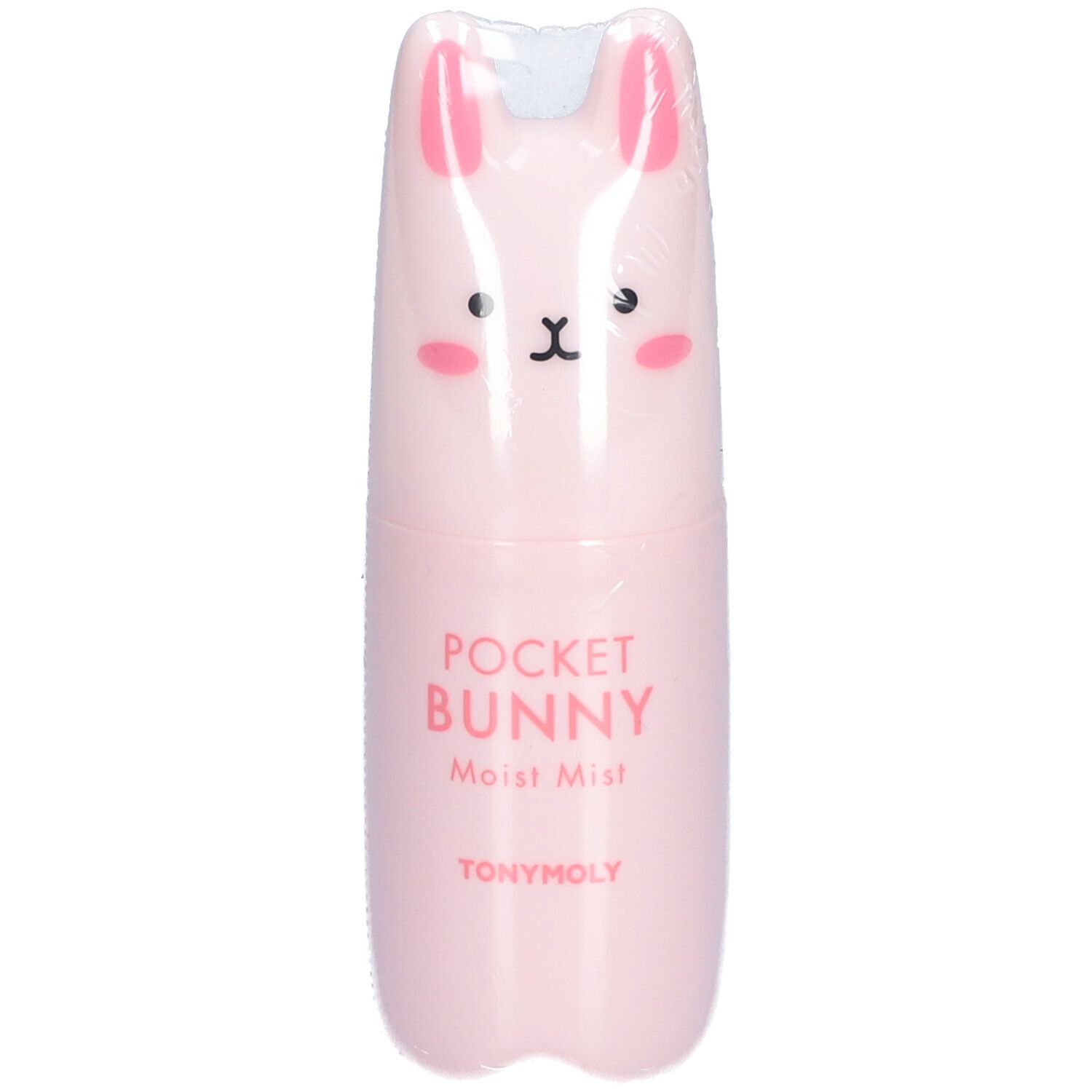 Brume visage rose en forme de lapin. Inscription : POCKET BUNNY Moist Mist, TONYMOLY. Emballé dans du plastique.