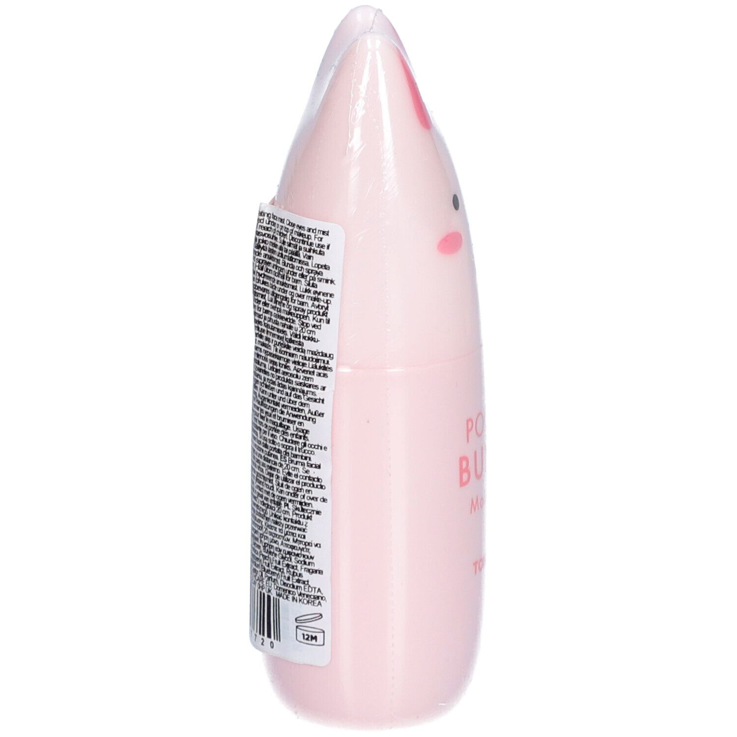 Brume visage rose en forme de lapin. Texte et code-barres sur le côté. Emballé dans du plastique.