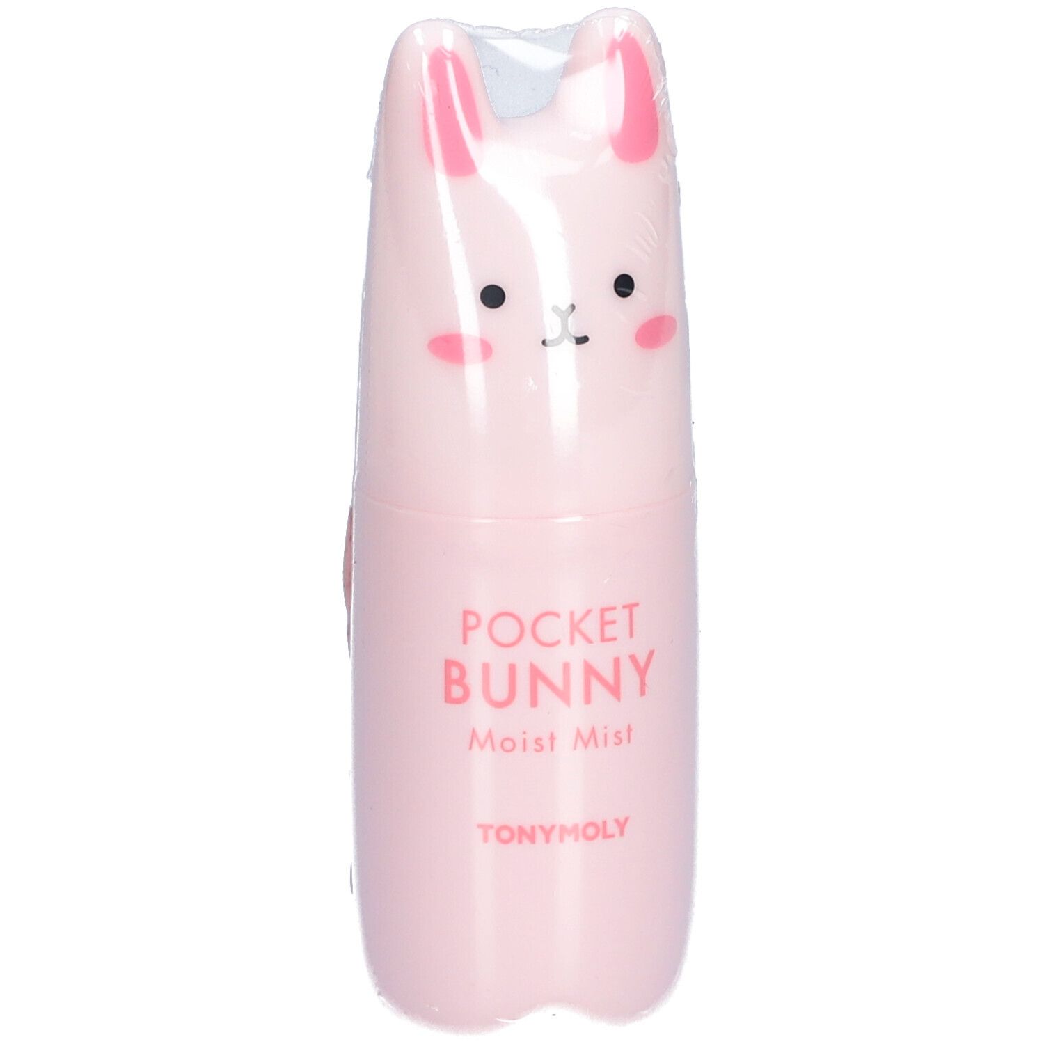 Brume visage rose en forme de lapin. Inscription : POCKET BUNNY Moist Mist, TONYMOLY. Emballé dans du plastique.
