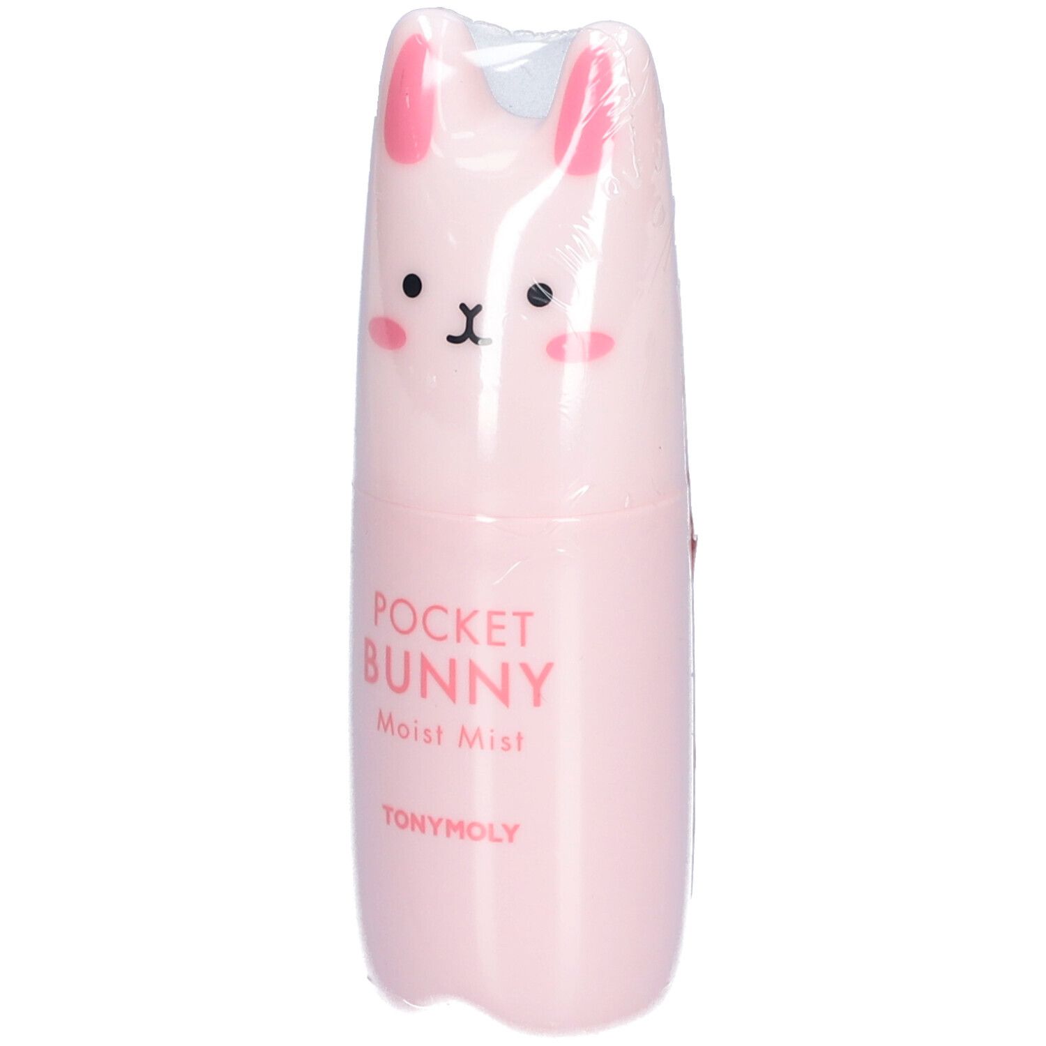 Brume visage rose en forme de lapin. Inscription : POCKET BUNNY Moist Mist, TONYMOLY. Emballé dans du plastique.