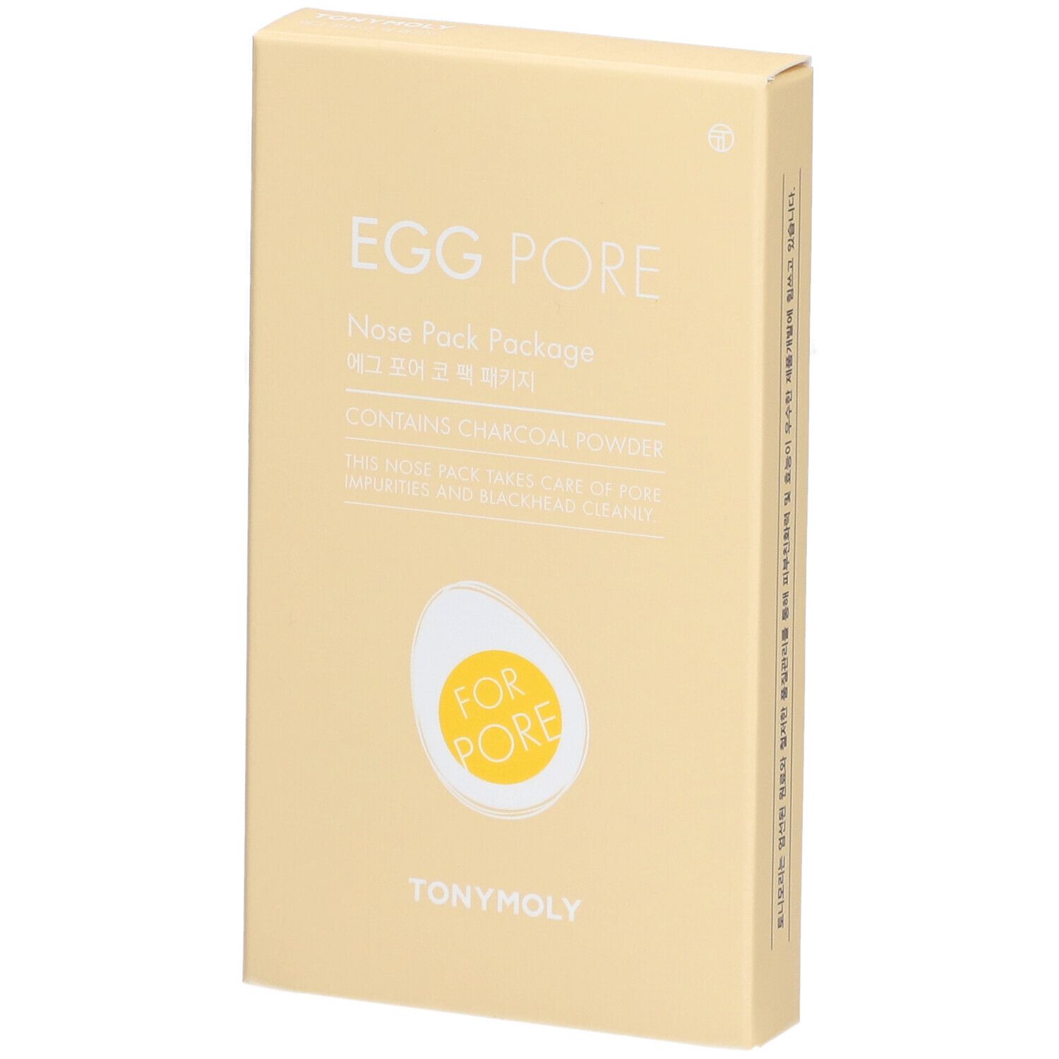 Boîte beige 'EGG PORE' de TONYMOLY. Contient de la poudre de charbon. Image d'un œuf avec 'FOR PORE'.