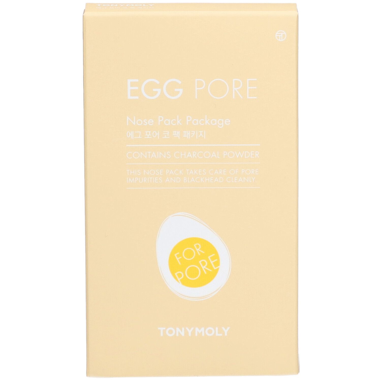 Boîte beige 'EGG PORE' de TONYMOLY. Contient de la poudre de charbon. Illustration d'œuf avec 'FOR PORE'.