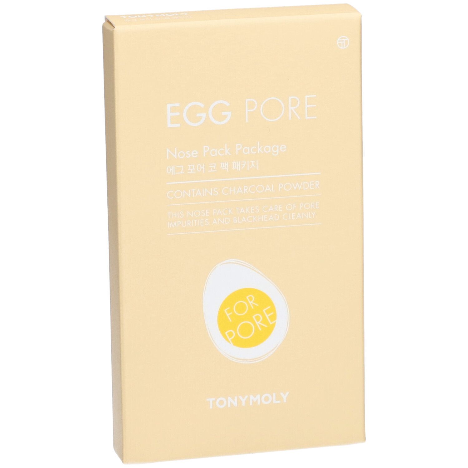 Boîte beige 'EGG PORE' de TONYMOLY. Contient de la poudre de charbon. Illustration d'œuf avec 'FOR PORE'.