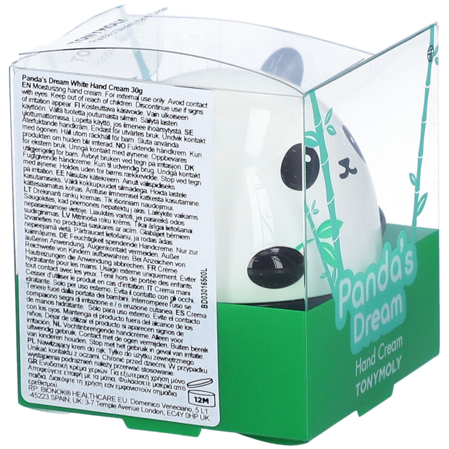 Crème pour les mains en forme de panda, dans un emballage transparent. Texte au dos en plusieurs langues. Inscription : Panda's Dream Hand Cream.