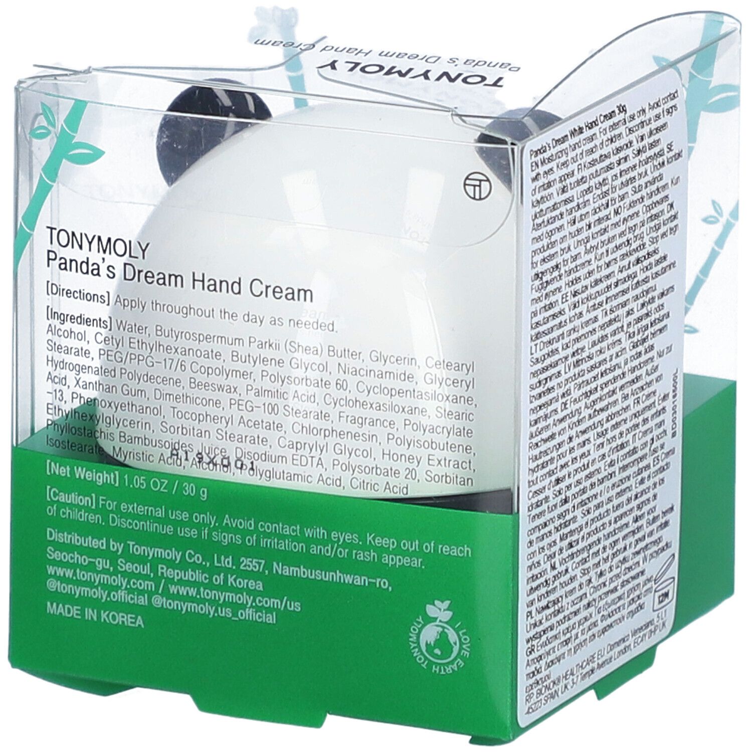 Crème pour les mains en forme de panda, dans un emballage transparent. Texte au dos avec ingrédients. Inscription : Panda's Dream Hand Cream TONYMOLY.