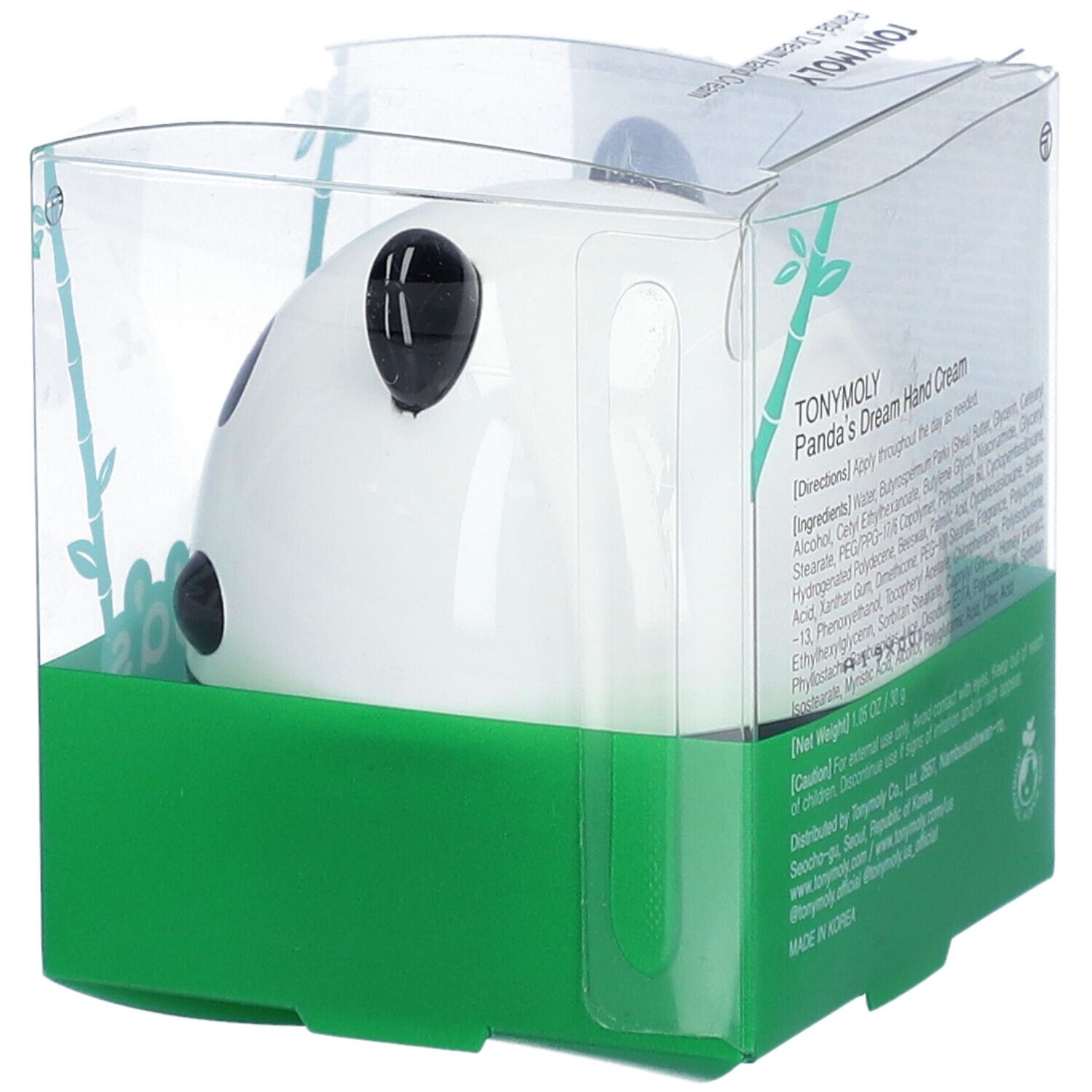 Crème pour les mains en forme de panda, dans une boîte verte avec couvercle transparent. Inscription : Panda's Dream Hand Cream TONYMOLY.