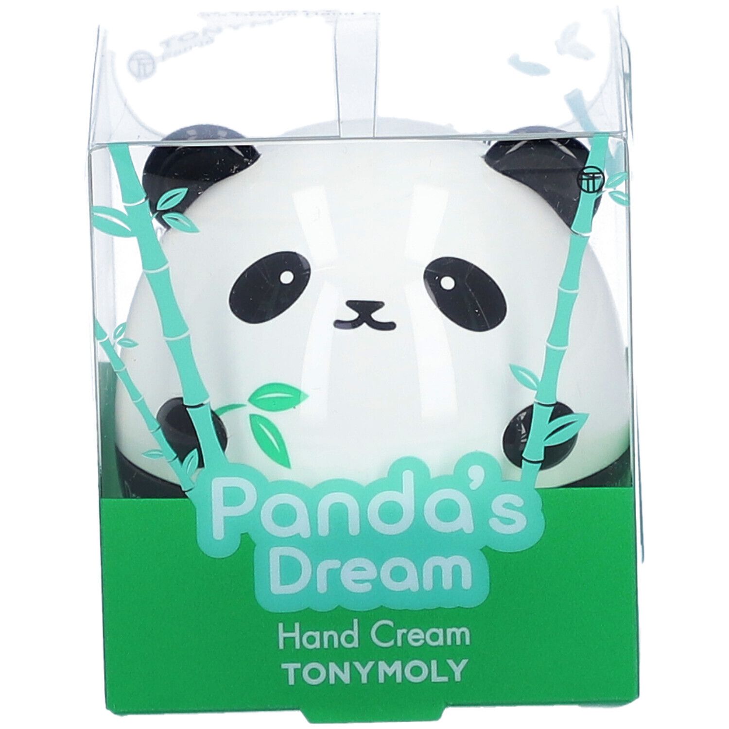 Crème pour les mains en forme de panda, dans une boîte verte avec couvercle transparent. Inscription : Panda's Dream Hand Cream TONYMOLY.
