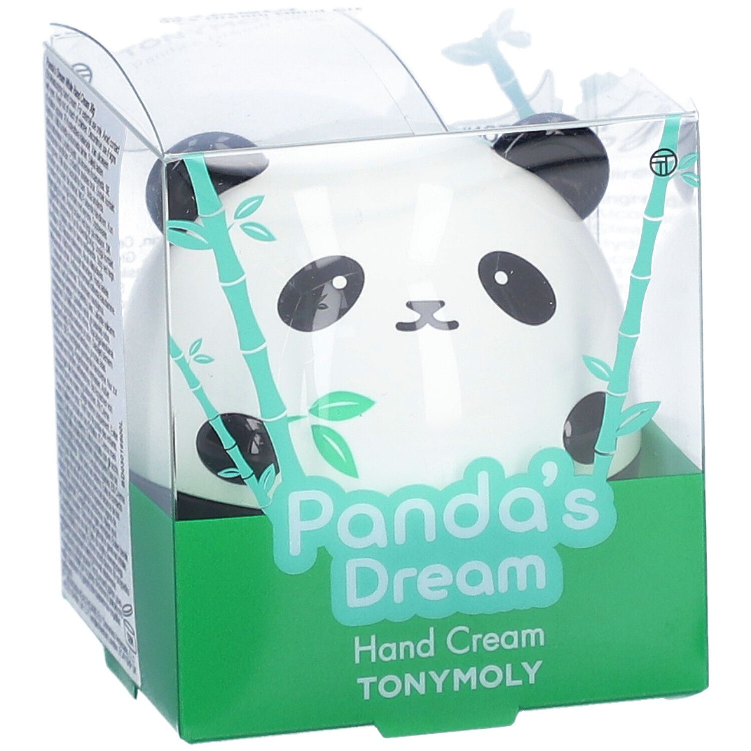 Crème pour les mains en forme de panda, dans une boîte verte avec couvercle transparent. Inscription : Panda's Dream Hand Cream TONYMOLY.