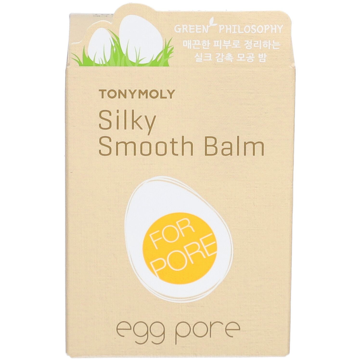 Boîte beige avec nom du produit et illustration d'œuf. Marque : TONYMOLY. Produit : Silky Smooth Balm, Egg Pore.