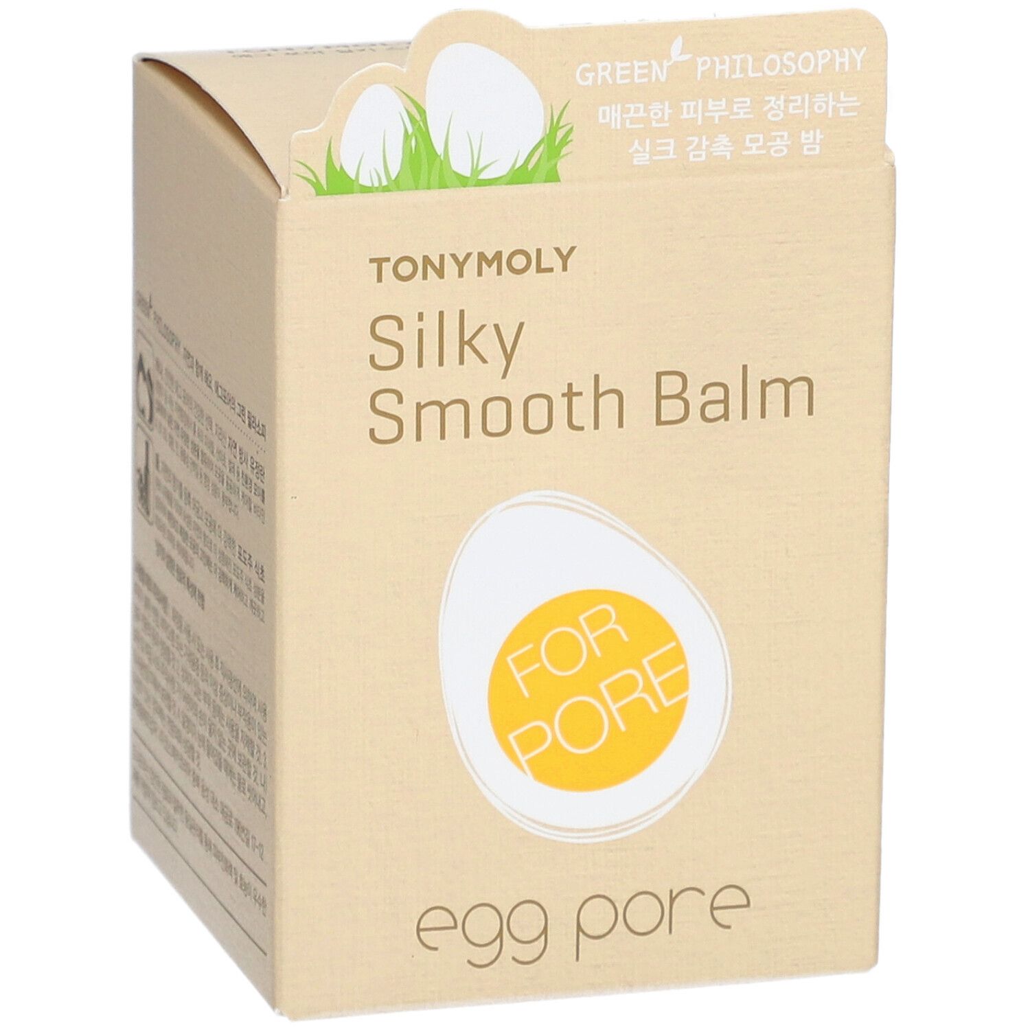 Boîte beige avec nom du produit et illustration d'œuf. Marque : TONYMOLY. Produit : Silky Smooth Balm, Egg Pore.