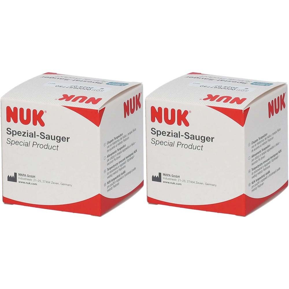 Deux boîtes carrées, rouge et blanche. Sur le devant, on lit "NUK Spezial-Sauger Special Product".