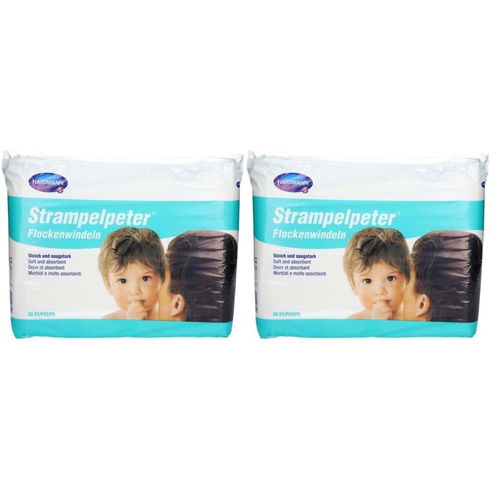 Deux paquets de couches Strampelpeter®. Emballage blanc avec photo de bébé et informations produit.