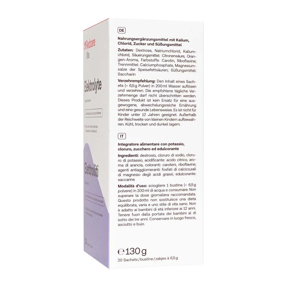 Dos de l'emballage d'électrolytes. Texte en allemand et italien. Ingrédients, valeurs nutritionnelles, conseils d'utilisation.