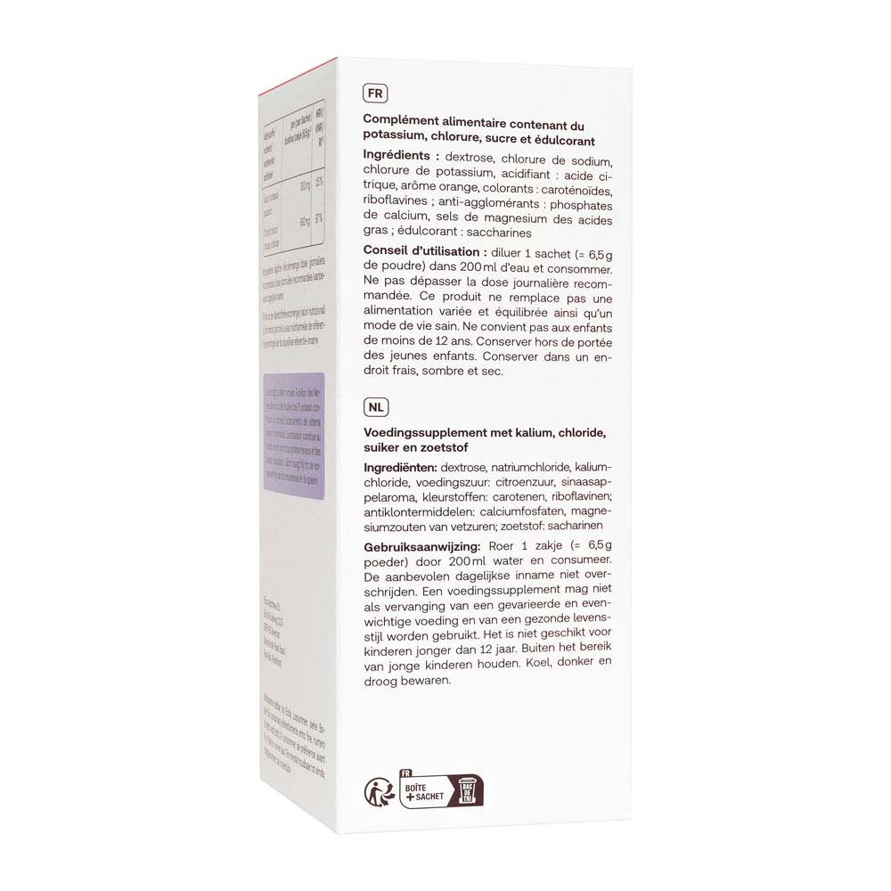 Dos de l'emballage d'électrolytes. Texte en français et néerlandais. Ingrédients, conseils d'utilisation, valeurs nutritionnelles.
