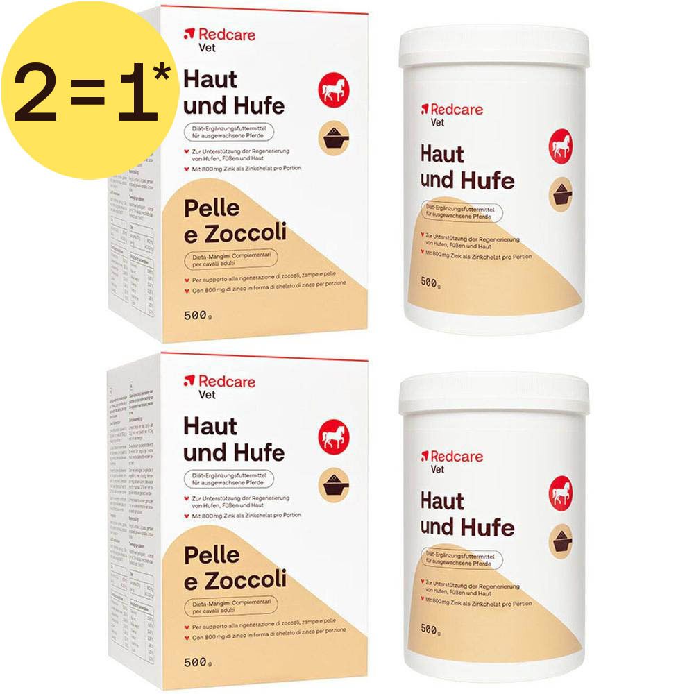 Deux boîtes et deux pots de Redcare Vet Haut und Hufe, un complément alimentaire pour chevaux.