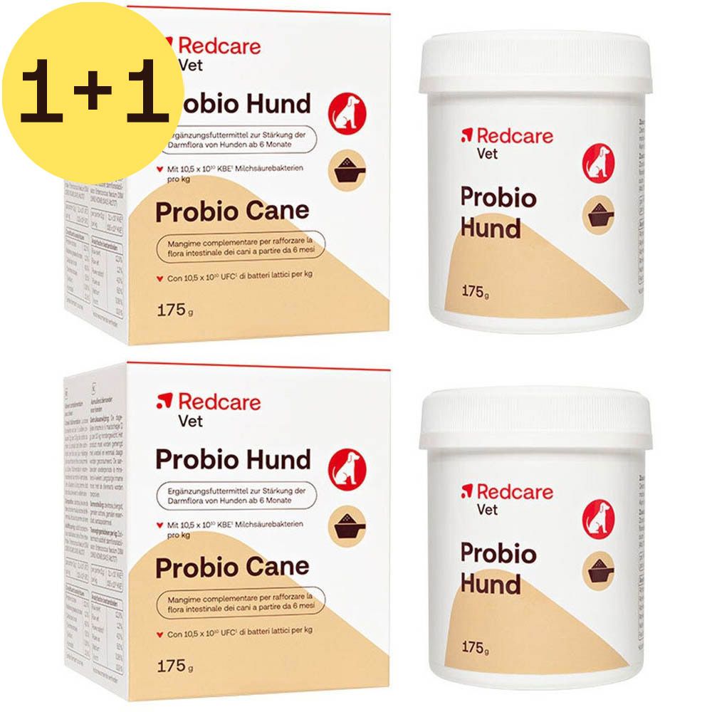 Deux boîtes et pots Redcare Vet Probio Hund. Inscription : Probio Hund, Probio Cane, 175g. Autocollant jaune : 1+1.