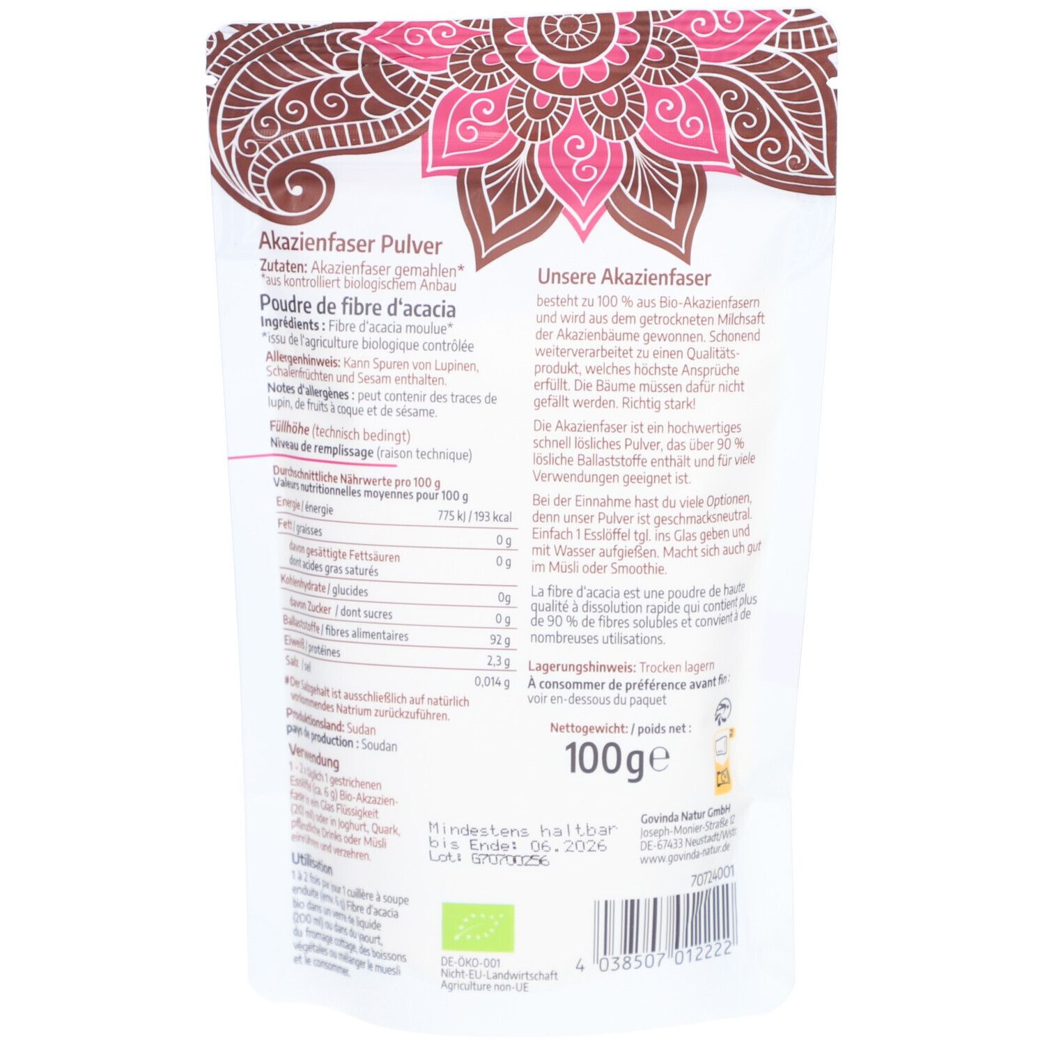 Dos du paquet Govinda Akazienfaser. Texte : Poudre de fibre d'acacia, ingrédients, informations nutritionnelles, poids 100g, label bio.