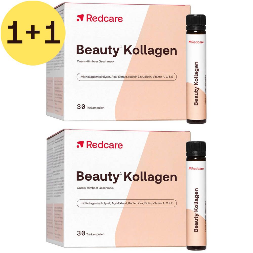 Deux boîtes de Redcare Beauty Kollagen avec ampoules à boire. Inscription : Beauty Kollagen, 30 ampoules.