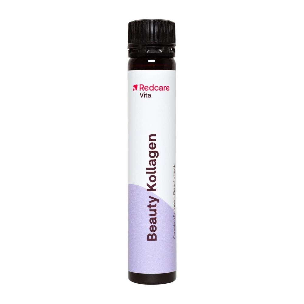 Une ampoule buvable Redcare Beauty Kollagen avec un bouchon à vis noir.