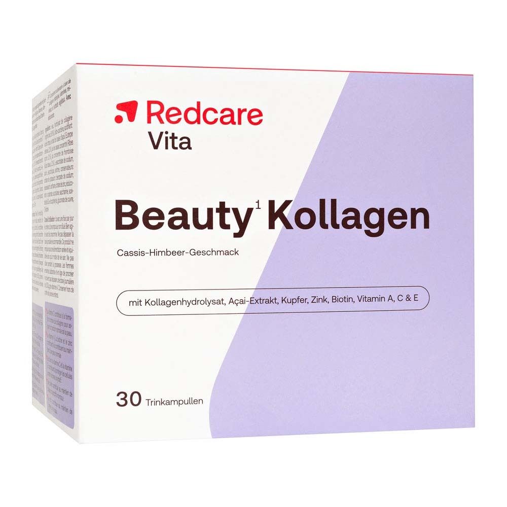 Une boîte de Redcare Beauty Kollagen ampoules buvables, 30 pièces, goût cassis-framboise.