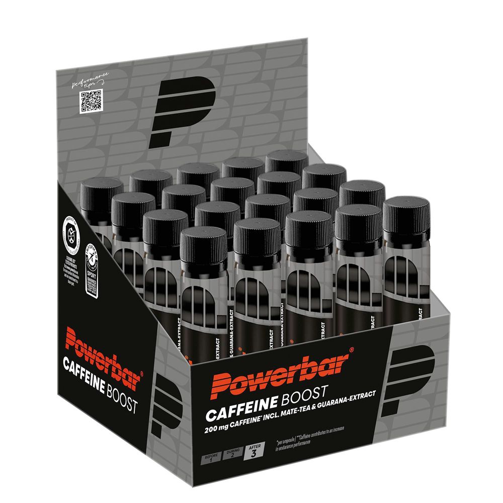 Présentoir PowerBar CAFFEINEBOOST. Contient plusieurs flacons à bouchon noir. Inscription : PowerBar, Caffeine Boost.